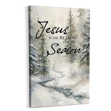 Imagem de HIWX Decoração de parede de Jesus de Natal de inverno, verso da Bíblia cristã, pintura em tela emoldurada, decoração de parede Jesus é a razão da estação, decoração de casa para quarto de igreja, sala