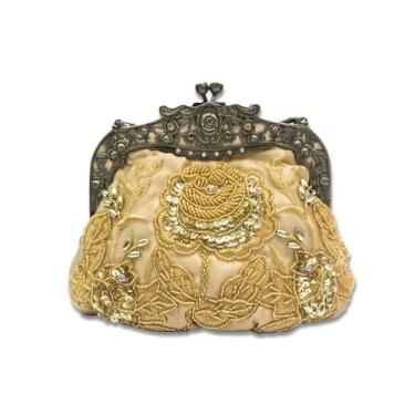 Imagem de CORIOS Bolsa vintage de 1920 com contas para noite com pérolas, bolsa de mão feminina de casamento, com lantejoulas, strass, requintada, feita à mão, bordada, floral, bolsa tiracolo com glitter, Ouro