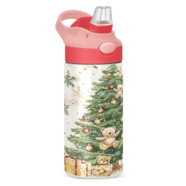 Imagem de YETTASBIN Garrafa de água de árvore de Natal para crianças, 340 g, à prova de vazamento, parede dupla, isolada, copo de viagem com tampa de canudo para meninas, meninos e crianças