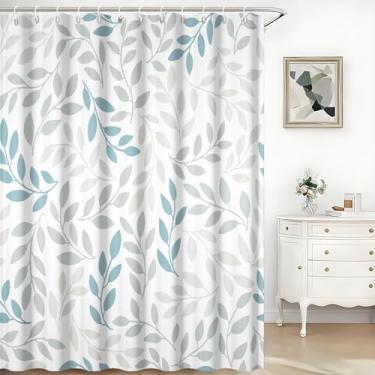Imagem de TTQYFNM Cortina de chuveiro com folhas azul-petróleo cinza aquarela primavera verão folhas de plantas botânicas naturais cortinas de banho decoração de banheira poliéster tecido impermeável conjunto