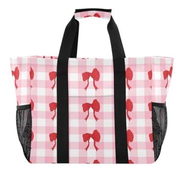 Imagem de Wassud Tulipas quadriculadas com laços vermelhos reutilizáveis, sacola grande, bolsa organizadora de lona à prova d'água para praia, piquenique, lavanderia, viagem