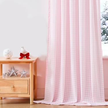 Imagem de ZJDECOR Painéis de cortina xadrez búfalo de 224 cm para quarto de bebê, sala de estar, cortinas transparentes rosa e brancas enrugadas, tratamento de janela Cottgae, bolso de haste, laços incluídos