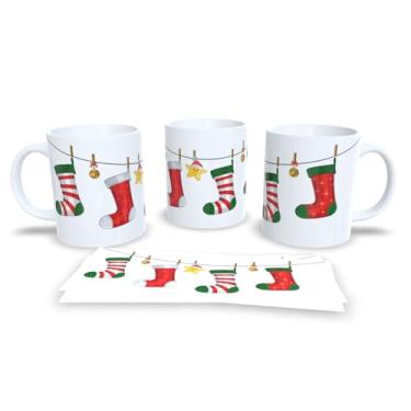 Imagem de Caneca de Cerâmica Natalina com Desenhos Decorativos, 325ml, Branca com Estampa de Enfeites em Verde, Vermelho e Azul, Conjunto com 4 Peças (12)