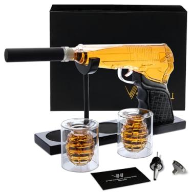 Imagem de Conjunto de decantadores de uísque Gun para homens – Decantador de arma de 400 ml + 2 copos de granada – Conjuntos de decantadores de uísque premium para homens, ótima ideia de presente para ocasiões