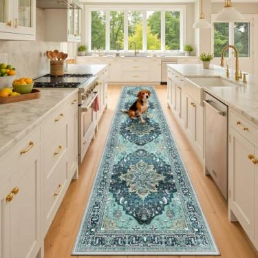 Imagem de RELEANY Tapetes de área adequados a vácuo, 6,5 x 25,4 m, lavável na máquina, antiderrapante, floral, vintage, estampa de angústia, tapete medalhão para sala de estar, quarto, tijolo, verde, lago, azul