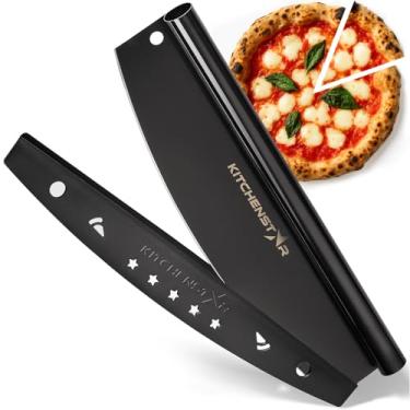 Imagem de Cortador de pizza preto antiaderente de 35,56 cm da Kitchenstar | Faca de fatiador de aço inoxidável afiada – Estilo roqueiro com capa de lâmina | Porções perfeitas para picar e fatiar + Seguro para lava-louças – Acessórios de forno de pizza premium