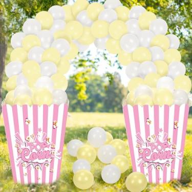 Imagem de Sosation Caixa de pipoca gigante de papelão stand up com balões filme 3D caixa de pipoca de papelão stand up e balões brancos amarelos decorações para festa temática de filme (pacote com 2, rosa)