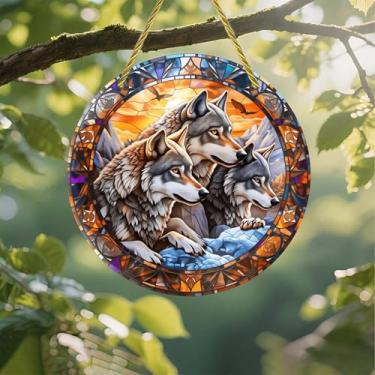 Imagem de Acrílico colorido Suncatcher, três lobos vitrais montanha pôr do sol 18 cm janela suspensa decoração de parede com design de estilo vitral impresso, ideia de presente e ornamento de jardim uso interno