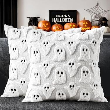 Imagem de MIULEE Capas de travesseiro de Halloween fantasma fofo conjunto de 2 fronhas decorativas de pele sintética de pelúcia macia para sofá, cama, varanda, sala de estar, decoração de Halloween, 50,8 x 50,8