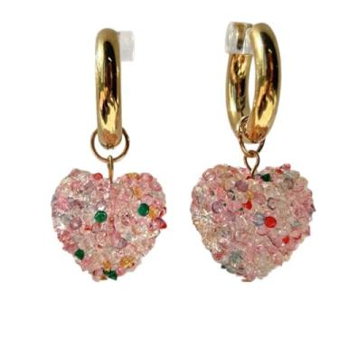 Imagem de Brincos de argola com pingente de coração de cristal colorido para mulheres, aço inoxidável, delicados, cintilantes, zircônia cúbica, formato de coração, pendurados, grossos, argolas, festas de