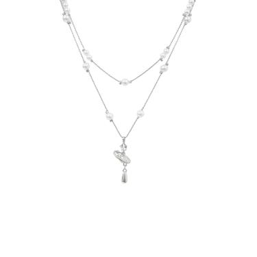 Imagem de Buyongwant Colar Saturno feminino pingente de pérola corrente de camada dupla moda irregular Y2k joia de prata