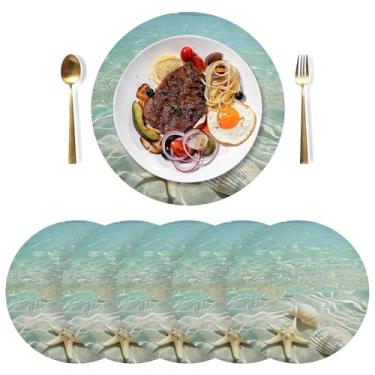 Imagem de Conjunto de 6 tapetes de mesa de jantar de praia azul marinho laváveis para cozinha, mesa de jantar, 38 cm, jogo americano redondo de PVC para ambientes internos