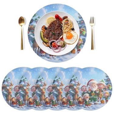 Imagem de Conjunto de tapetes de neve de Papai Noel Elfos, 6 jogos americanos circulares de PVC, 38 cm para uso ao ar livre, para mesa de pátio, jogo americano lavável para festa de Natal