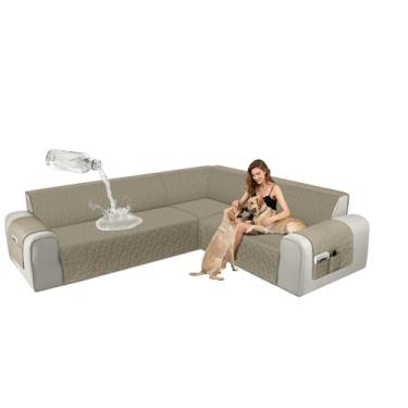 Imagem de ALIECOM Capas de sofá seccionais de canto, à prova d'água, laváveis, em forma de L, protetora, geométrica, jacquard, capa de móveis, com alça ajustável para cães de estimação (GG, cáqui escuro)