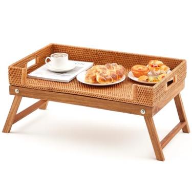 Imagem de Colingmill Bandeja de mesa de café da manhã de vime com pernas dobráveis, retangular, mordomo, lanche, servir, cama, sofá, café da manhã, lanche
