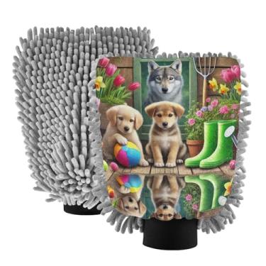 Imagem de ODAWA Pacote com 2 luvas de limpeza de carro com flores de lobo para filhotes, sem fiapos, espuma de chenille, canhão para lavagem de carro, 18 cm x 26 cm