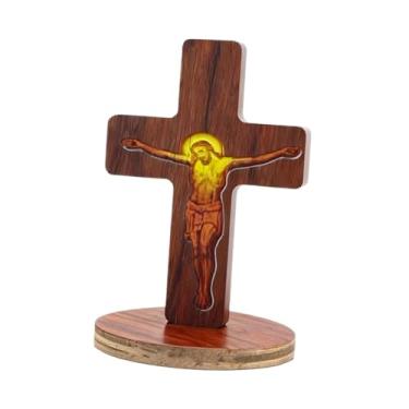 Imagem de IEUDNS Cruz de Madeira para Mesa, Estilo Católico, com Suporte, para Decoração de Casa. Presente Religioso.