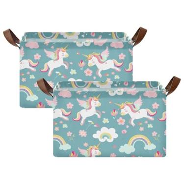 Imagem de Organizador de roupas de armário para armazenamento decorativo, cestas decorativas grandes para decoração de casa com alças, caixas organizadoras de prateleira, 17 x 29 x 25 cm, unicórnios, arco-íris