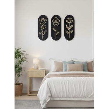 Imagem de Marubhumi Painéis de arte de parede florais modernos, design de madeira cortada a laser preto e dourado, conjunto de 3 peças ovais, 30 x 12 cm, decoração de parede botânica vertical para sala de estar