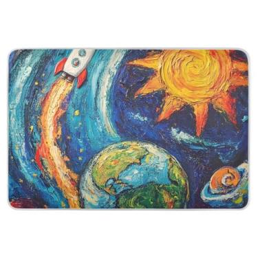 Imagem de Almofadas de cama coloridas à prova d'água com estampa de aventura espacial lavável, protetor de colchão para filhotes, 132 x 86 cm, lavável, reutilizável