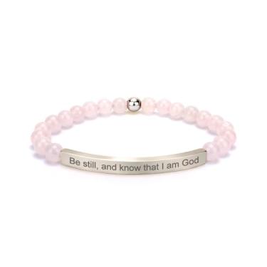 Imagem de cusurlove Pulseira feminina inspiradora de quartzo rosa, banhado a ouro 18K, joia de fé, bíblia religiosa cristã, presente para encorajamento, amor e força, Medium, Cristal, Sem Pedra Preciosa