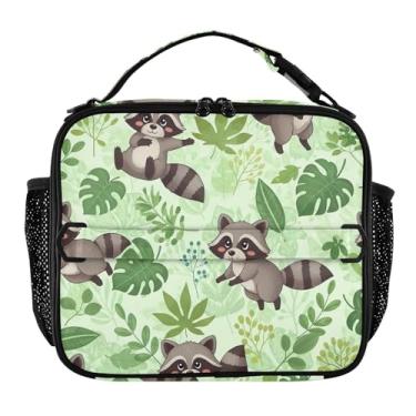 Imagem de Lancheira fofa de guaxinins de folhas verdes para mulheres, meninas, lancheira com alça de ombro, masculina, infantil, lancheira para trabalho, escola, estampa animal, bolsa térmica