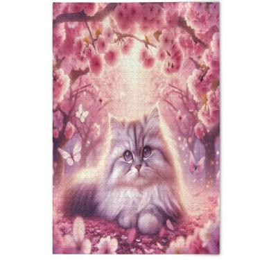 Imagem de Cherry Blossom Cat Pink Jigsaw Puzzle 500 Pieces Adult Floral Landscape Art Art Hard Puzzles Friends Family Game Gifts, 500 Pieces, 20.5" x 14.9"