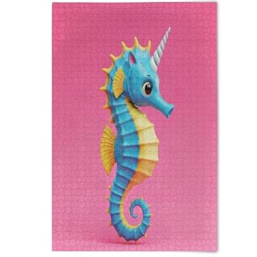 Imagem de Quebra-cabeças para adultos, 1000 peças, arte floral, animal, fofo, cavalo-marinho, unicórnio, azul, rosa, divertido, presente para amantes, elefantes brancos, presentes, 1000 peças, 75 x 50 cm