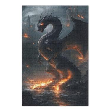 Imagem de Quebra-cabeças de dragão preto feroz 500 peças para adultos, quebra-cabeça com letras na parte de trás