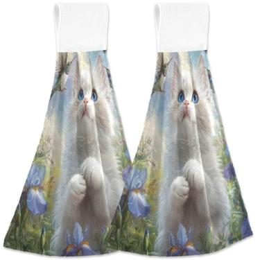 Imagem de TSENQUE Cute Ragdoll Cat Beija-flores toalhas de cozinha com laço para pendurar conjunto de toalhas de forno personalizadas de 2 toalhas de cozinha macias absorventes para decoração de casa, 46 x 35