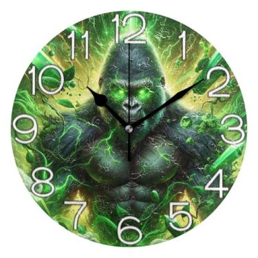 Imagem de GAIGEO Relógio de parede brilhante verde monstro analógico decorativo escritório cozinha relógio redondo sem tique-taque silencioso, decoração de parede de meados do século sala de estar, 25 cm