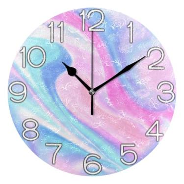 Imagem de Relógio de parede analógico decorativo redondo sem tique-taque silencioso relógio de cozinha fofo, decoração de parede de sala de estar moderna, fluido azul pastel suave, 25 cm, ponteiros pretos
