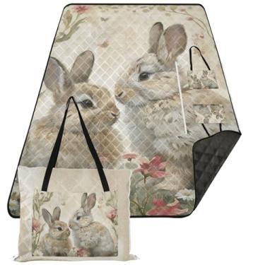 Imagem de TSENQUE Spring Bunnies Art Coelho Rosa Piquenique Cobertor de Praia Dobrável Impermeável Impressão À Prova de Areia Cobertores Externos para Grama 203 cm x 152 cm