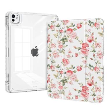Imagem de Piznernico Capa transparente para iPad Pro 11 polegadas M5 (2025), capa floral para iPad Pro 11 M4 (2024) com suporte para lápis, suporte estável com três dobras, proteção traseira transparente à