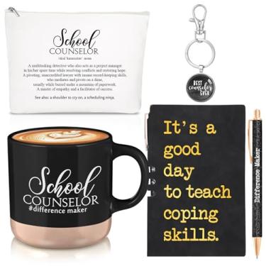 Imagem de SiliFine 5 peças presentes de conselheiro escolar de Natal para mulheres 368 g caneca de cerâmica apreciação bolsa de maquiagem chaveiro caderno de couro canetas de agradecimento presente para