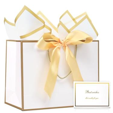 Imagem de KeerxunBag Conjunto de sacolas de presente: elegante bolsa de presente branca, com fita, alças, cartão de felicitações e papel gelatinosa - perfeita para o Natal, Dia dos Namorados, bolsa de