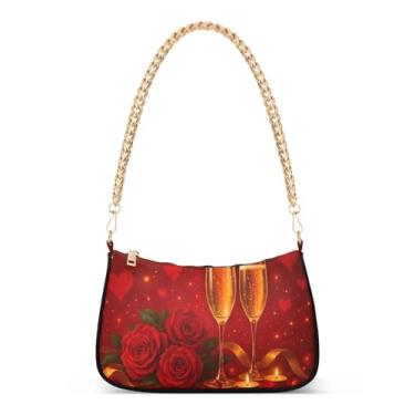 Imagem de Bolsa de ombro de corrente vermelha com coração rosa brilhante, bolsa feminina Hobo, bolsa média moderna para festa noturna e uso diário