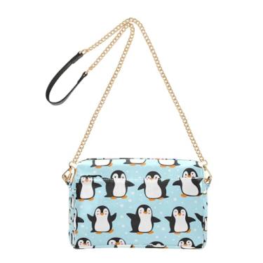 Imagem de Joitme Bolsas femininas bolsa tiracolo pinguins fofos azul claro bolsa para celular linda bolsa de ombro de couro PU alça de corrente