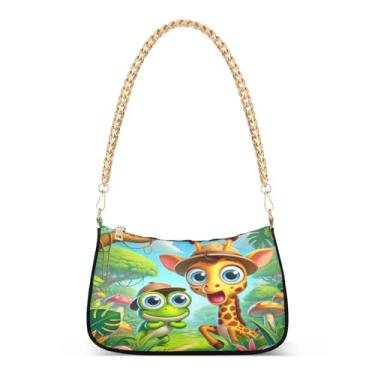 Imagem de Linda bolsa feminina com corrente de ombro de sapo girafa de desenho animado, estampa artística Hobo para uso diário e festa