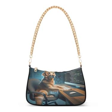 Imagem de Linda bolsa de ombro engraçada com corrente com estampa de animal, bolsa Hobo de poliéster para mulheres, bolsa média moderna com grande capacidade