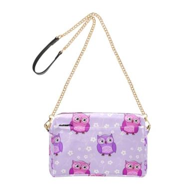 Imagem de Joitme Bolsa de ombro feminina transversal para celular bolsa fofa de desenho animado corujas roxo rosa PU bolsa de ombro bolsa de ombro alça de corrente