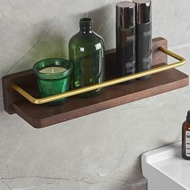 Imagem de Prateleiras de chuveiro montadas na parede prateleira de banheiro de nogueira com ganchos, suporte organizador de barra de toalha, sabonete, cosméticos, chuveiro, shampoo, prateleira, suporte de