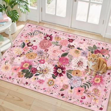 Imagem de Babovid Tapete floral para entrada, tapete de cozinha lavável 5,6 x 7,5 cm, ultrafino, antiderrapante, antiderrapante, resistente a manchas, boêmio, pequeno, de pelo baixo, para banheiro e quarto (2 x