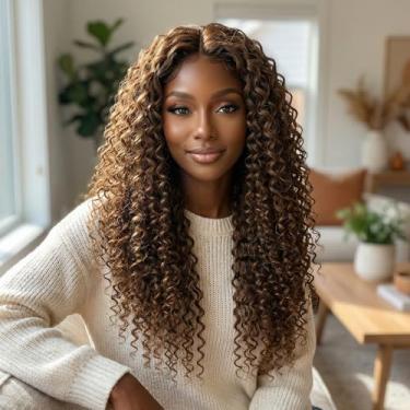 Imagem de Perucas de cabelo humano ondulado profundo frontal pré-arrancado 66 cm peruca de cabelo humano encaracolado profundo sem cola, perucas frontais onduladas profundas para mulheres