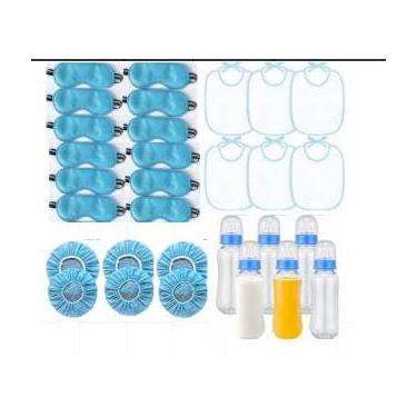 Imagem de Ebrima 6 conjuntos de jogos de chá de bebê, incluindo 6 mamadeiras de plástico, 12 máscaras para os olhos, 6 babadores e 6 chapéus, jogo de mamadeiras para festa de revelação de gênero