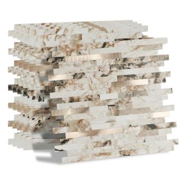 Imagem de 12 folhas de azulejos de mármore autoadesivo âmbar misturado metrô dourado em azulejos de parede para cozinha lavanderia lareira (29,4 cm x 30 cm)