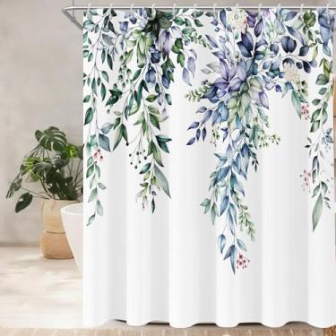 Imagem de Cortina de chuveiro azul verde eucalipto cortinas de chuveiro para banheiro aquarela roxo plantas eucalipto folhas com decoração floral para banheiro tecido impermeável conjuntos de cortinas de