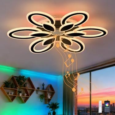 Imagem de Lustre de teto com 6 pétalas, alto-falante Bluetooth, controle remoto RGB, função de memória e ajuste de brilho com temporizador para sala de estar, preto.