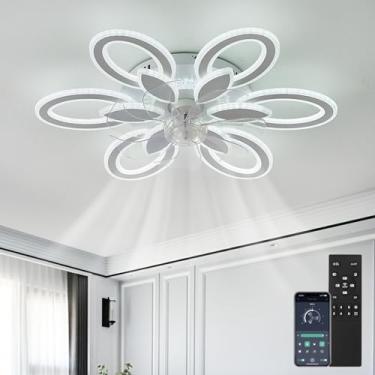 Imagem de Ventilador de teto com luzes, controle remoto, moderno, LED, dimerizável, com lâmpadas e aplicativo, 6 velocidades, reversível, silencioso, com timer e luz para sala de estar, branco.