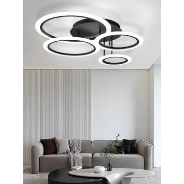 Imagem de Luminária de teto LED preta com design criativo em formato de anéis, moderna e regulável, com controle remoto, ideal para sala de estar, quarto, corredor e sala de jantar (4 anéis).